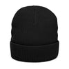Embroidered 'FIN A GO' Ribbed Knit Beanie — Gold Lettering Black Cuffed Hat