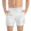 Fin A Go Logo Swim Trunks — White & Gold Beach Shorts