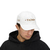 Taino Embroidered Dad Cap — White Classic Baseball Hat with Taíno Motif