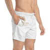 Fin A Go Logo Swim Trunks — White & Gold Beach Shorts