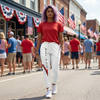 Red V Accent Athletic Joggers — White All-Over Print Sports Pants