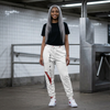 Red V Accent Athletic Joggers — White All-Over Print Sports Pants