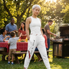 Red V Accent Athletic Joggers — White All-Over Print Sports Pants