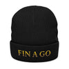 Embroidered 'FIN A GO' Ribbed Knit Beanie — Gold Lettering Black Cuffed Hat