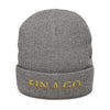 Embroidered 'FIN A GO' Ribbed Knit Beanie — Gold Lettering Black Cuffed Hat